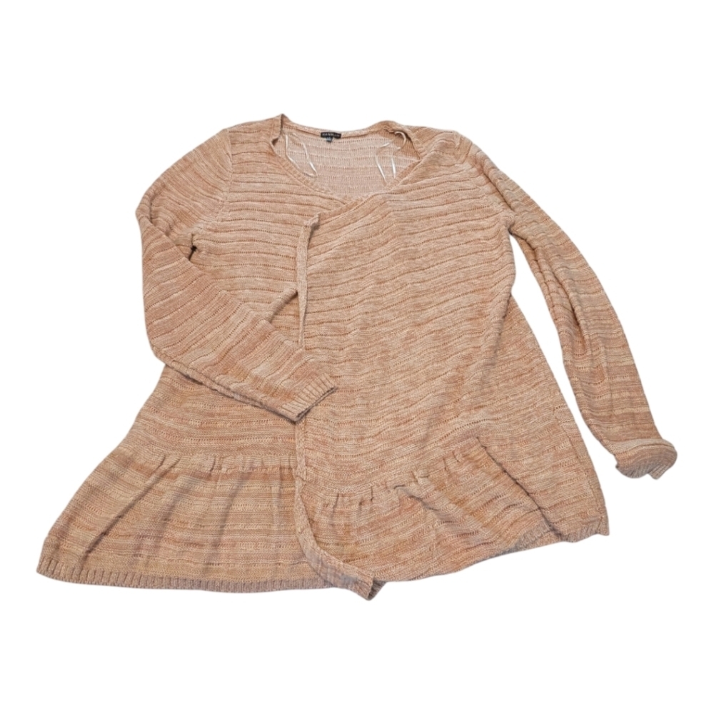 Hannah Open Front Peplum Long Sleeve Cardigan, pink Shimmer sweater size L